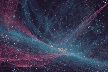 Poster - Swirling abstract network of luminous pink and teal lines on a dark background