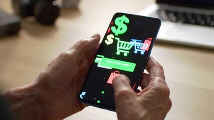 Senior Woman Using Mobile Payment App on Phone Successful Transaction, Online Shopping Digital Finance Concept.