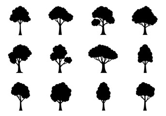 Poster - Collection of Twelve Black Tree Silhouettes with Varying Crown Shapes.