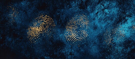 Poster - Four golden fingerprints on a dark textured blue background, symbolizing identity, security, and biometric technology.