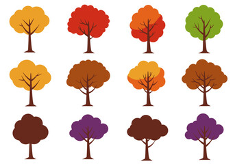 Poster - Colorful Cartoon Trees Autumnal Foliage Simple Design Twelve Variations.