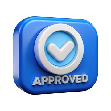3d rendered blue approved button with check mark isolated on white background