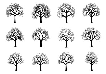 Poster - Twelve Bare Trees Silhouette Collection Winter Season Black and White Nature Illustration.