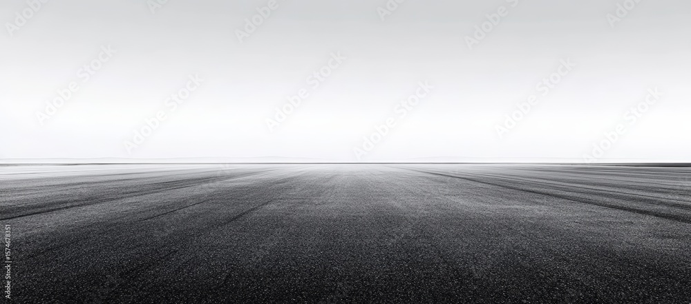Vast empty asphalt road stretches to the horizon under a clear, bright ...