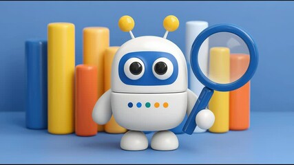 Poster - Intelligent robot holding a magnet in a conceptual design for ai equity scanner filtering stock market data. Cute AI Robot Scanning Stock Charts – Animated Video Version