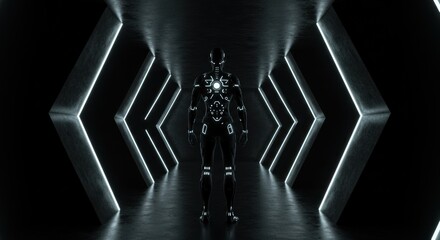 Poster - Futuristic humanoid figure standing in a luminous tunnel of technological advancement