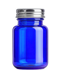 Poster - Elegant Blue Glass Bottle with Silver Lid on White Background