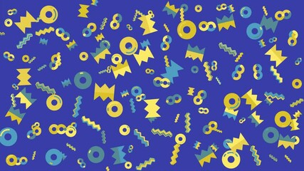 Wall Mural - Blue background with yellow and teal geometric shapes. Abstract seamless memphis loop video background.