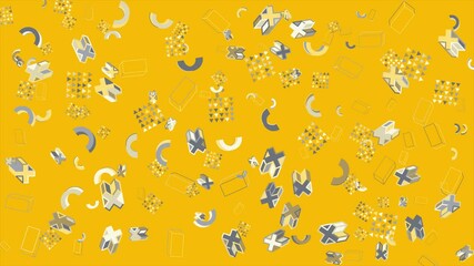 Wall Mural - Yellow background with floating geometric shapes. Abstract seamless memphis loop video background.