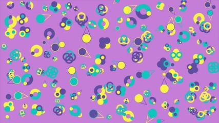 Wall Mural - Purple background with colorful geometric shapes. Abstract seamless memphis loop video background.