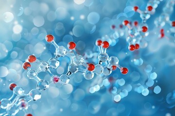 Poster - Glass molecular chain structure with red atoms forming complex bonds, representing scientific research and discovery in chemistry, biology, and medicine