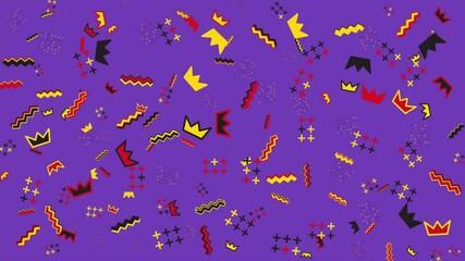 Wall Mural - Purple background with colorful crowns and geometric shapes. Abstract seamless memphis loop video background.