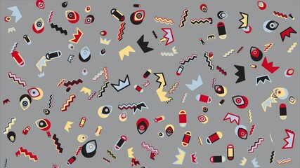 Wall Mural - Gray background with colorful abstract shapes. Abstract seamless memphis loop video background.