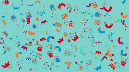 Teal background with colorful abstract shapes. Abstract seamless memphis loop video background.