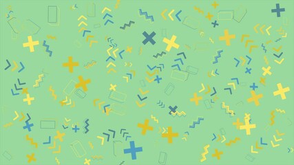 Wall Mural - Pastel green background with colorful plus signs arrows and cubes. Abstract seamless memphis loop video background.