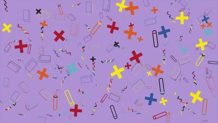 Wall Mural - Colorful plus signs and geometric shapes on purple. Abstract seamless memphis loop video background.