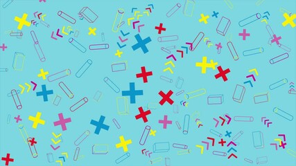 Wall Mural - Colorful abstract pattern of pluses cylinders and arrows. Abstract seamless memphis loop video background.