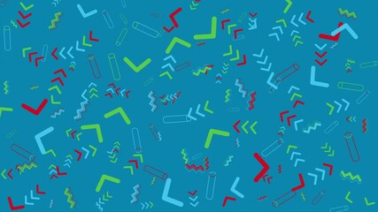 Wall Mural - Teal background with colorful geometric shapes. Abstract seamless memphis loop video background.