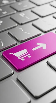 Close-up of keyboard with purple shopping cart button, symbolizing online shopping, e-commerce, and digital purchasing process
