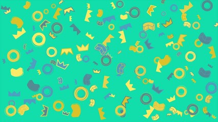 Wall Mural - Teal background with yellow and blue shapes. Abstract seamless memphis loop video background.
