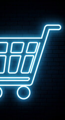 Poster - Neon blue shopping cart on dark brick wall background, symbolizing online shopping, e-commerce, and retail Free space for text