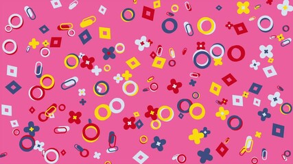 Wall Mural - Pink image shows abstract colorful shapes and flowers. Abstract seamless memphis loop video background.