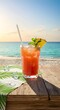 © Nique - Summer cocktail mockup on a beach table with ocean in the background, bright sunlight, tropical vibes