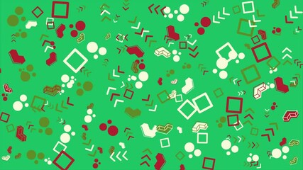 Wall Mural - Green background with colorful geometric shapes. Abstract seamless memphis loop video background.