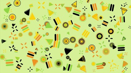 Wall Mural - Lime green background with colorful geometric shapes. Abstract seamless memphis loop video background.