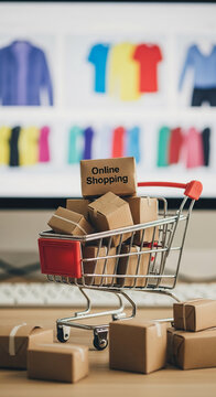 Miniature shopping cart filled with cardboard boxes, one labeled 