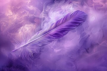 Poster - Purple feather floats gently on a violet cloudy background, creating a dreamy and ethereal atmosphere