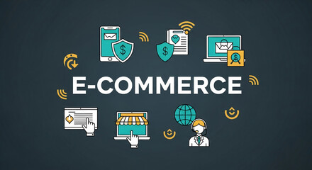 Fototapete - E-commerce concept illustration featuring icons of online shopping, security, and customer support, symbolizing global business and digital transactions