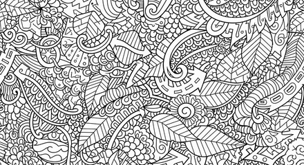 Poster - Intricate black and white doodle pattern, featuring leaves, swirls, and abstract shapes, creating a complex and visually engaging design, ideal for adult coloring book or textile print