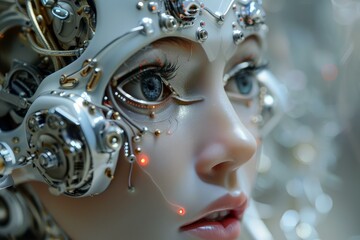 Poster - Close up of a futuristic cyborg woman with mechanical implants and glowing circuits, showcasing advanced augmented reality technology