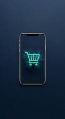 Poster - Smartphone display shows glowing shopping cart icon, symbolizing online shopping and e-commerce, perfect for digital marketing or app promotion
