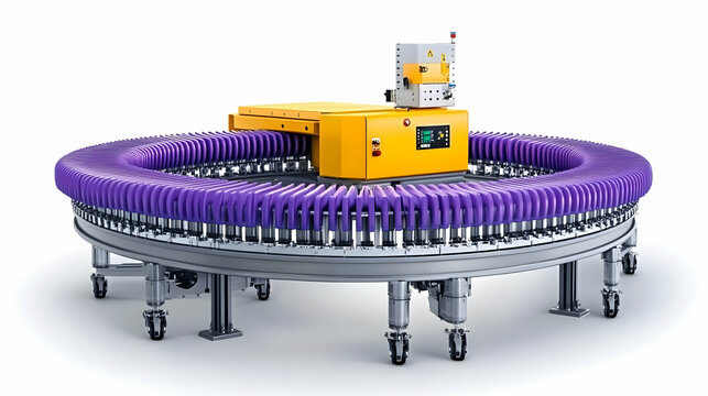ellow and purple conveyor belt isolated on a white background, showcasing industrial design. Concept of manufacturing. 3D Rendering