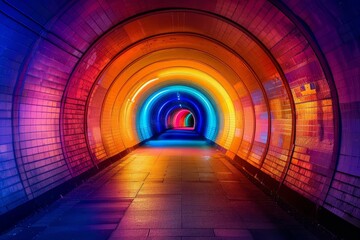 Poster - Light painting illuminates rainbow colors inside pedestrian tunnel creating vibrant and modern urban artwork