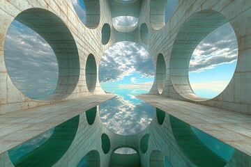 Poster - Surreal 3D Rendering Of An Abstract Stone Passage With Circular Openings Reflecting A Sky