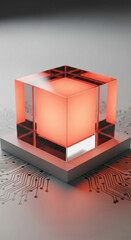 Poster - Illuminated orange cube in glass casing, resting on white platform above circuit board, showcasing technological advancement or innovation