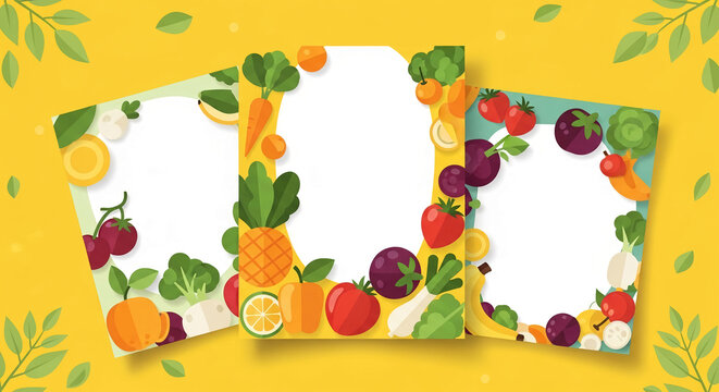 Three vertical frames surrounded by colorful fruit and vegetable illustrations, offering blank space for text or advertisement, ideal for healthy eating or recipe blogs