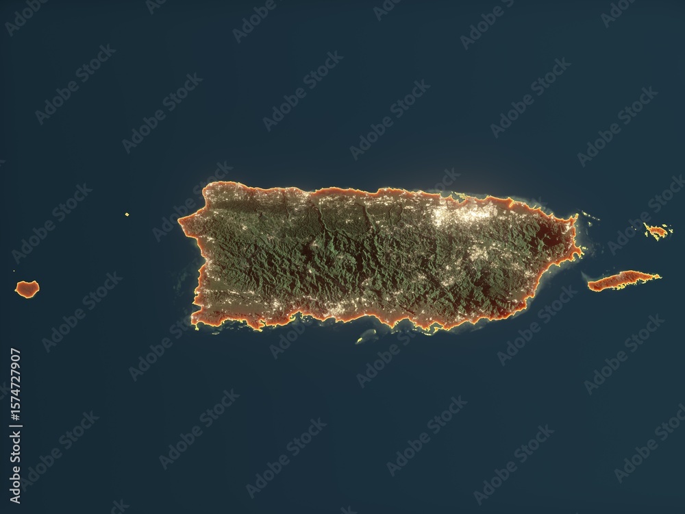 Puerto Rico Adobe Detailed night map of Puerto Rico with red state borders and glowing ...