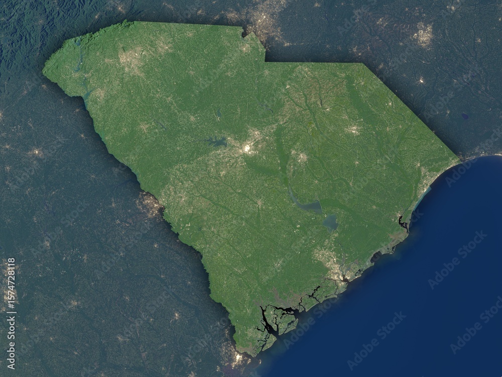 Very detailed night map of South Carolina with clear state borders and ...