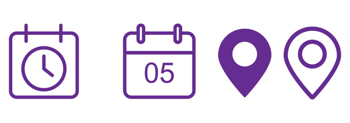 Poster - Address. time, and date icon vector. Event elements isolated on transparent background. Clock, pin map location,