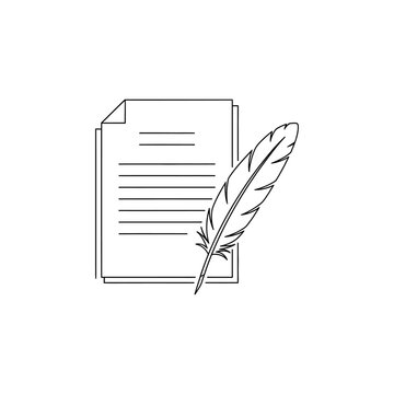A minimalist line art illustration of a feather quill pen resting on stacked sheets of paper document