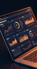 Poster - Laptop screen displays data analytics charts and graphs in orange and dark tones, showcasing business intelligence and data visualization for website or app design