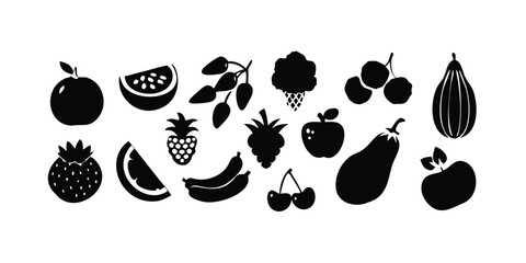 Fototapete - Food and Fruit Glyph Icon Set Vector Pictograms of Healthy Eating Elements on transparent background collection food fruit glyph icons vector format perfect for illustrating