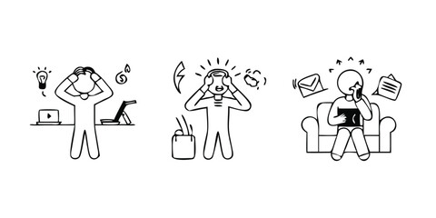 Aufkleber - Mega Set of Overwhelmed Stressful Situations Line Icons on transparent background