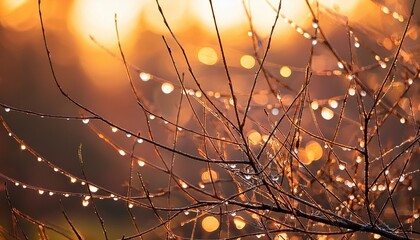 Aufkleber - dewdrops on slender branches illuminated by warm bokeh