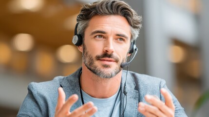 Poster - A man with headphones gestures while speaking, conveying engagement and professionalism in a modern office setting.