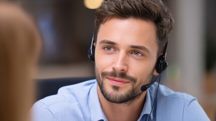 Poster - A focused man wearing a headset engages in conversation, demonstrating attentive listening and professionalism in a modern office setting.